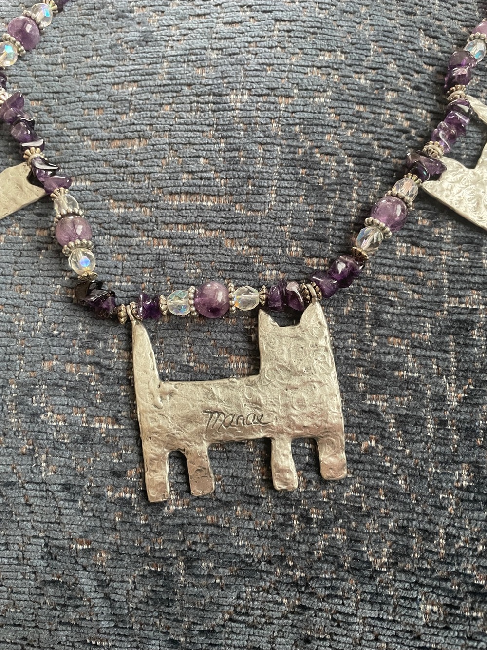 Vintage 1990s Amethyst Bead Necklace with Silver Cat Charms - Picture 2 of 10
